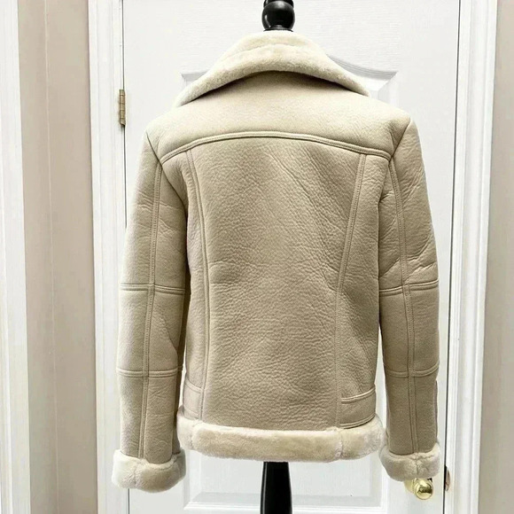 Topshop Cora Faux Shearling Moto Aviator Biker Jacket Cream Ecru Size 4 NWOT - Picture 15 of 16